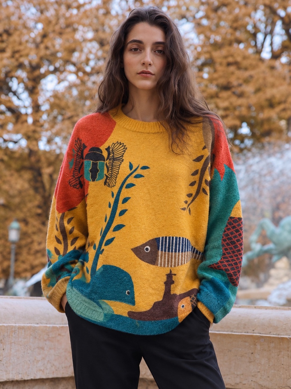 Women's Mustard Wool/Cotton Multi-Color Graphic Knit Sweater